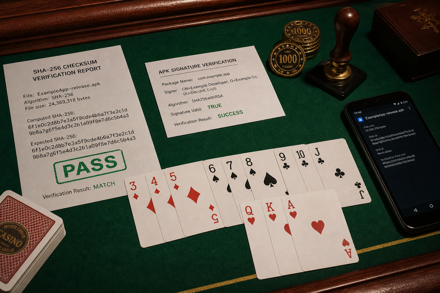Signature and checksum lane in a gold verification frame for Fix Rummy App Install & OTP Problems | APK Safety Desk