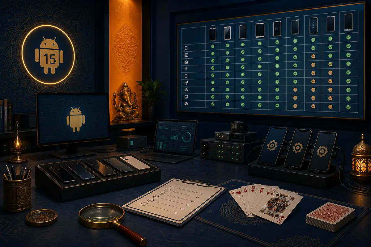 RummyAppBonus Android compatibility guide with a phone, physical cards and a textured game table