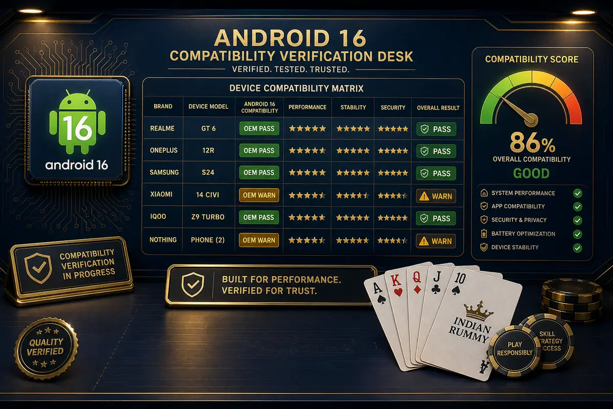 Android 16 compatibility desk with OEM matrix and rummy card props