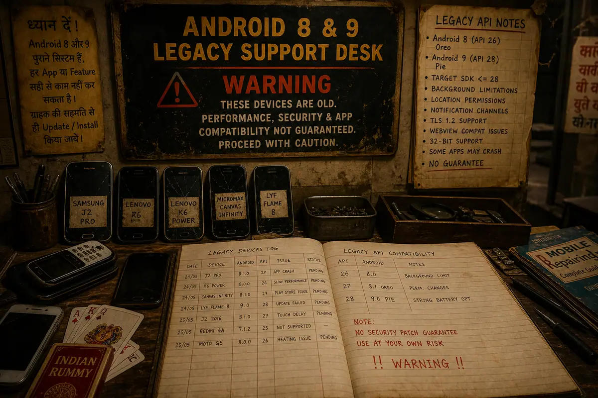 Android 8 and 9 legacy support desk with warning stamps