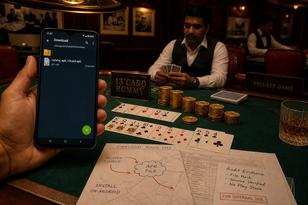 RummyAppBonus download route evidence desk with an Android phone and physical rummy cards