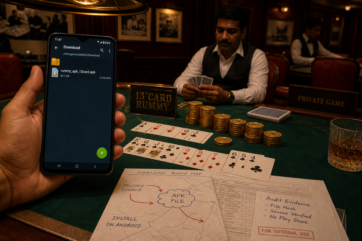 APK package evidence crop with phone and card detail for Fix Rummy App Install & OTP Problems | APK Safety Desk