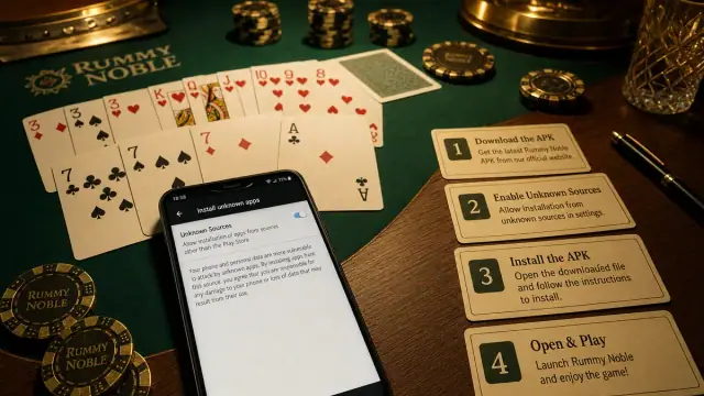 Android install guide desk with phone, APK notes and Indian Rummy card layout
