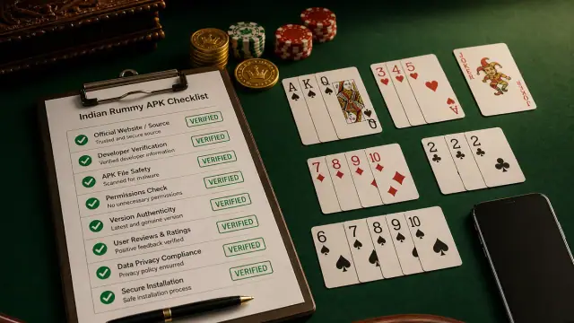 Safe APK checklist desk with permissions ledger and social rummy table props