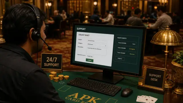 Support ticket desk for Indian Rummy APK errors with phone and card markers