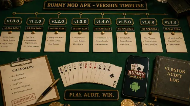 Version timeline desk showing APK review notes beside arranged rummy cards