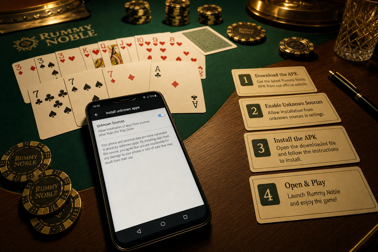 Install permission desk with realistic Android device cues for Fix Rummy App Install & OTP Problems | APK Safety Desk