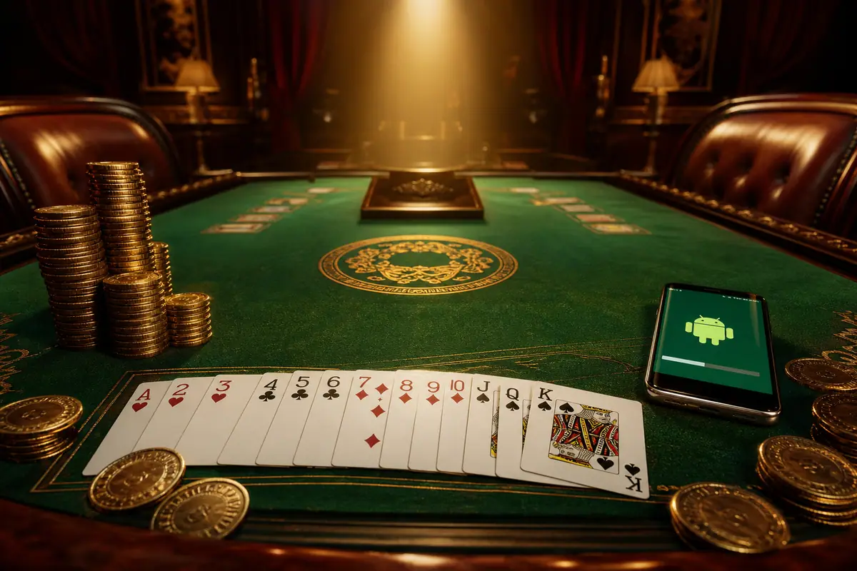 Emerald felt Indian Rummy APK verification desk with audit console, gold chips, and 13-card props