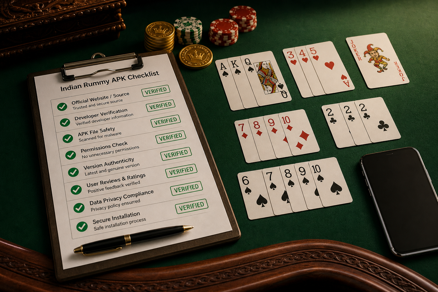 Permission-risk checklist with dark app-lobby lighting for Fix Rummy App Install & OTP Problems | APK Safety Desk