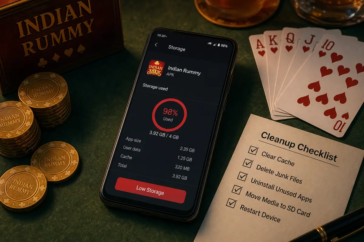 RummyAppBonus low-end Android loading and cache cleanup desk with phone and card-game practice props