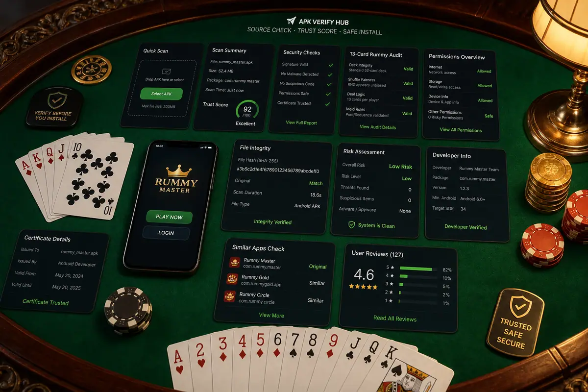 RummyAppBonus verification hub console with Android source notes and rummy cards