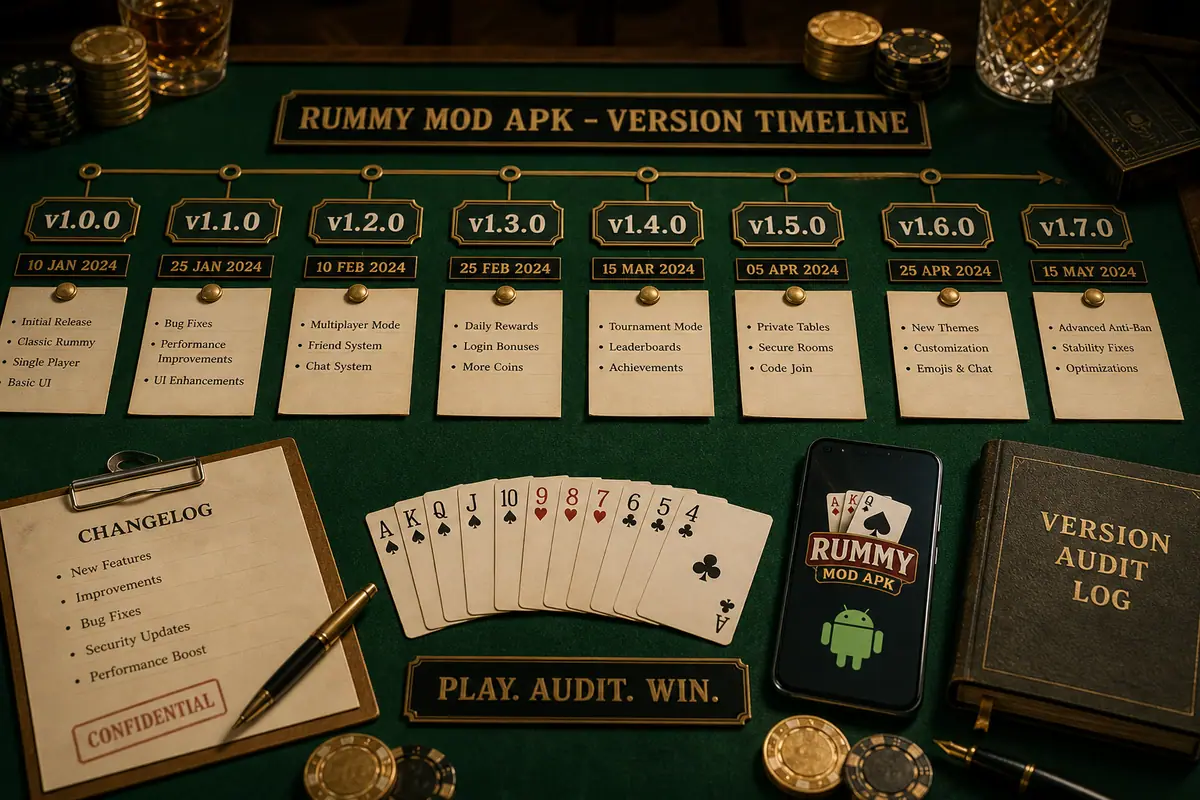 RummyAppBonus APK version timeline desk with update notes, Android support and source checks