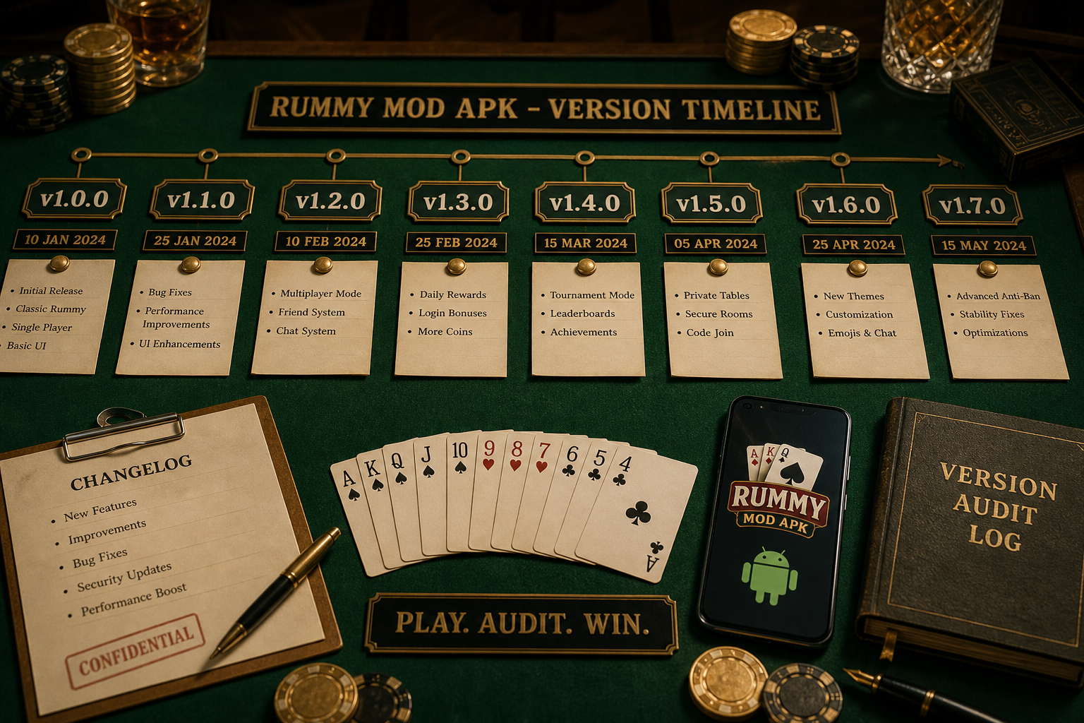Version ledger beside rummy cards and source markers for Fix Rummy App Install & OTP Problems | APK Safety Desk